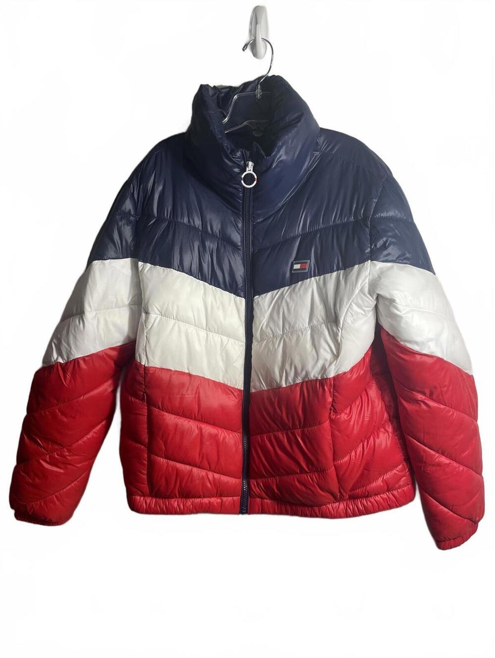 Tommy Hilfiger Puffer Coat Women's Size Large Sporty Red White Blue Colorblock - Picture 2 of 8